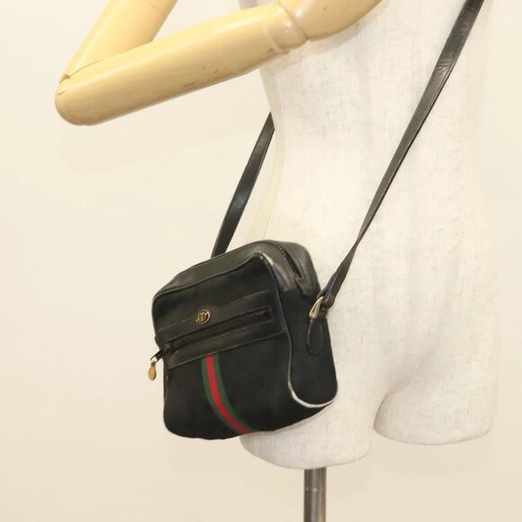GUCCI GG Canvas Web Sherry Line Shoulder Bag Black Gold Red 010 378 Auth 129553 - Picture 3 of 16